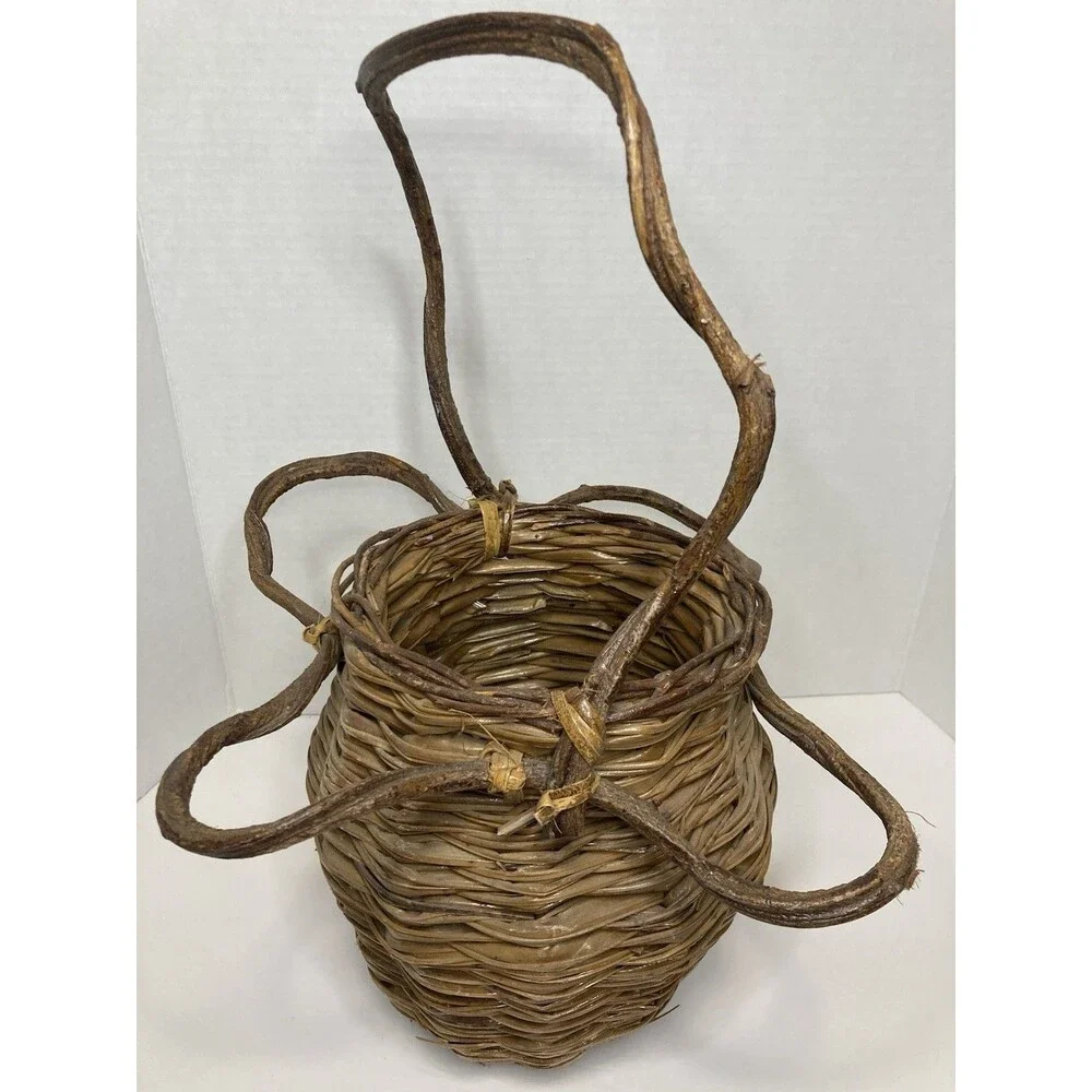 VTG Handmade Rustic Woven Twig Vine Wood Basket Tall Round Primitive Kitsch